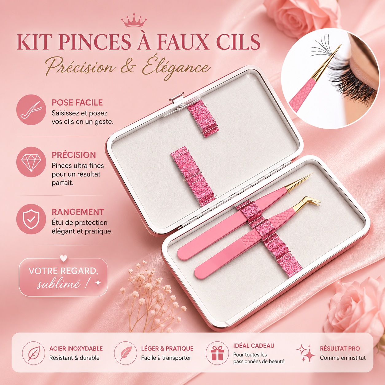 ✨ Kit Professionnel de Pinces à Faux Cils avec Étui Rose 💖