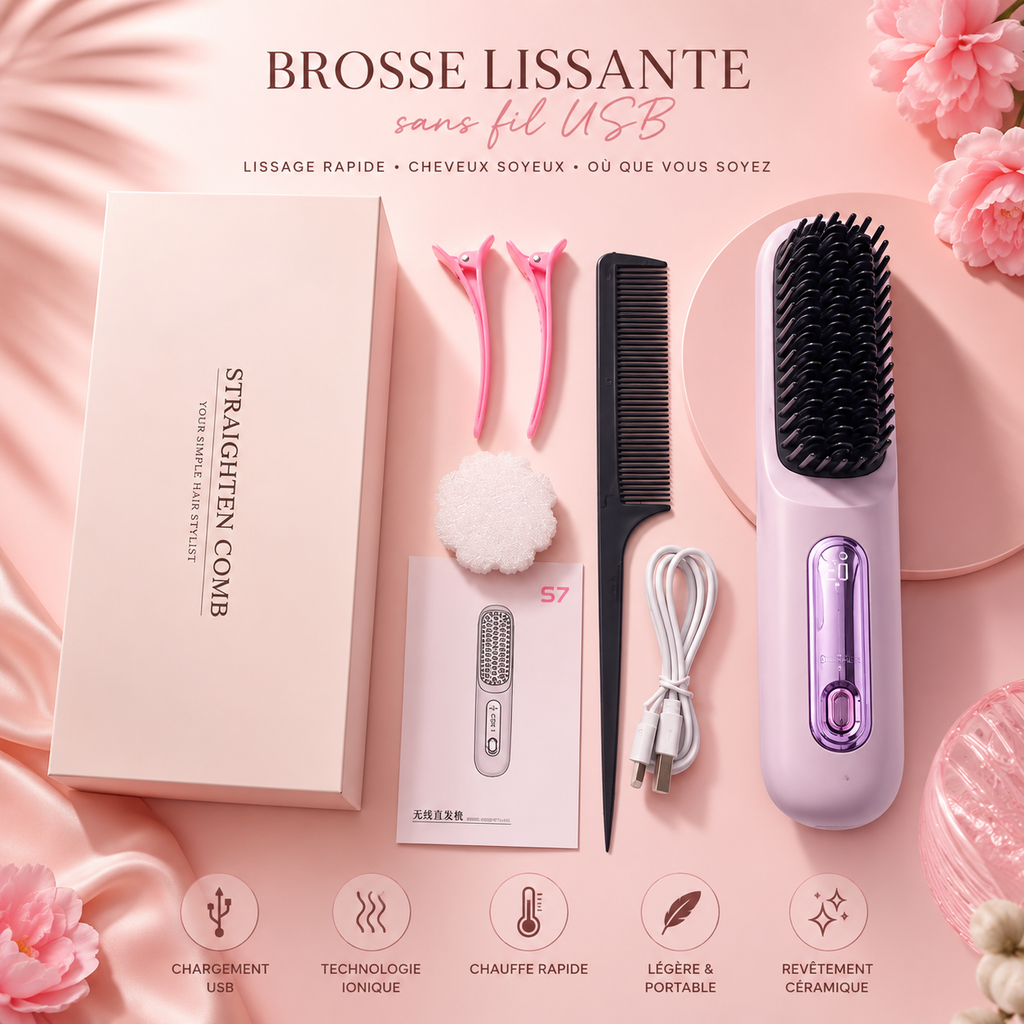 Brosse Lissante Sans Fil USB – Lissage Rapide & Cheveux Soyeux ✨