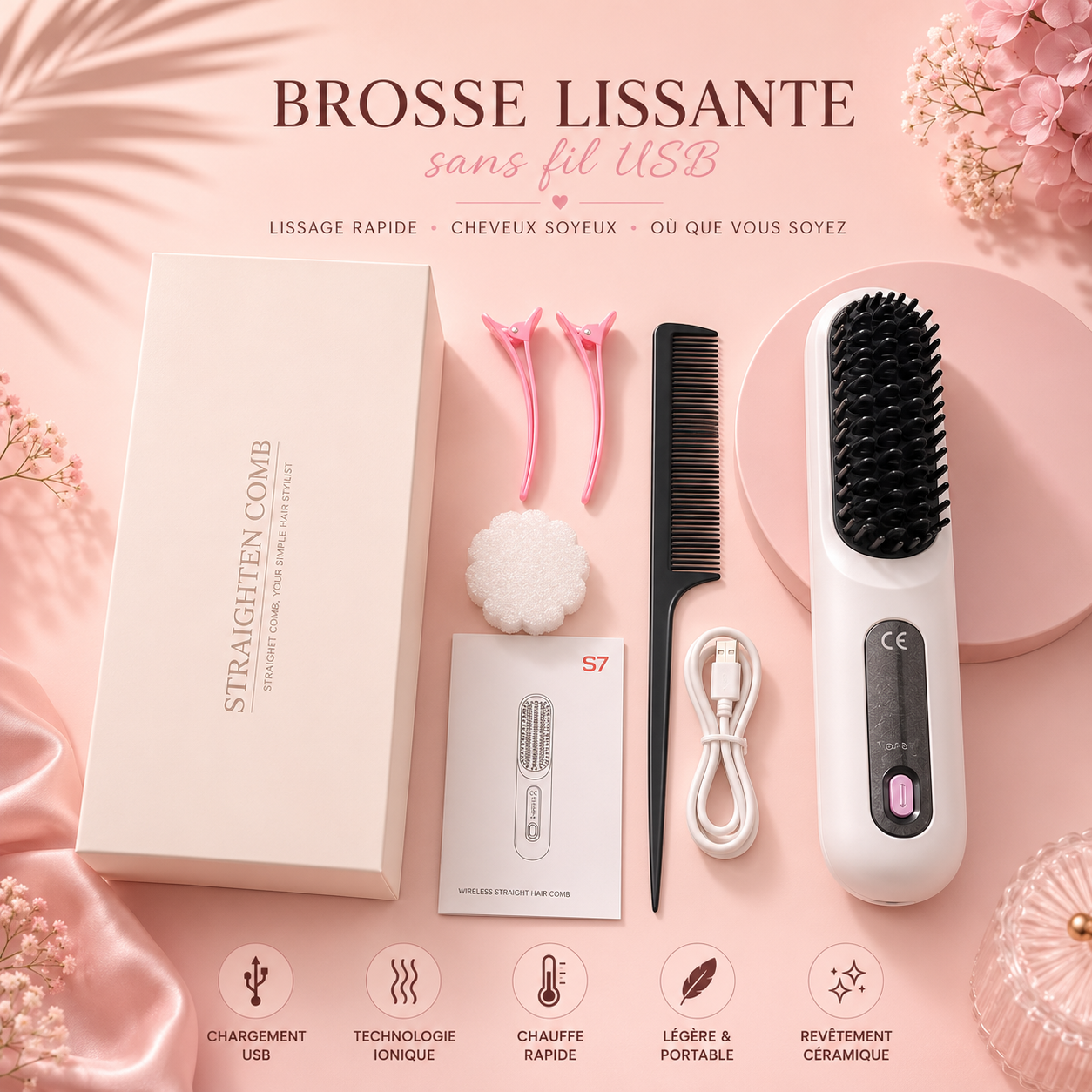 Brosse Lissante Sans Fil USB – Lissage Rapide & Cheveux Soyeux ✨