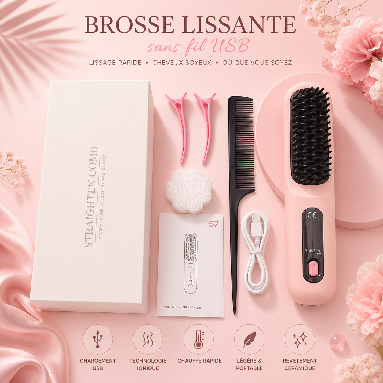 Brosse Lissante Sans Fil USB – Lissage Rapide & Cheveux Soyeux ✨
