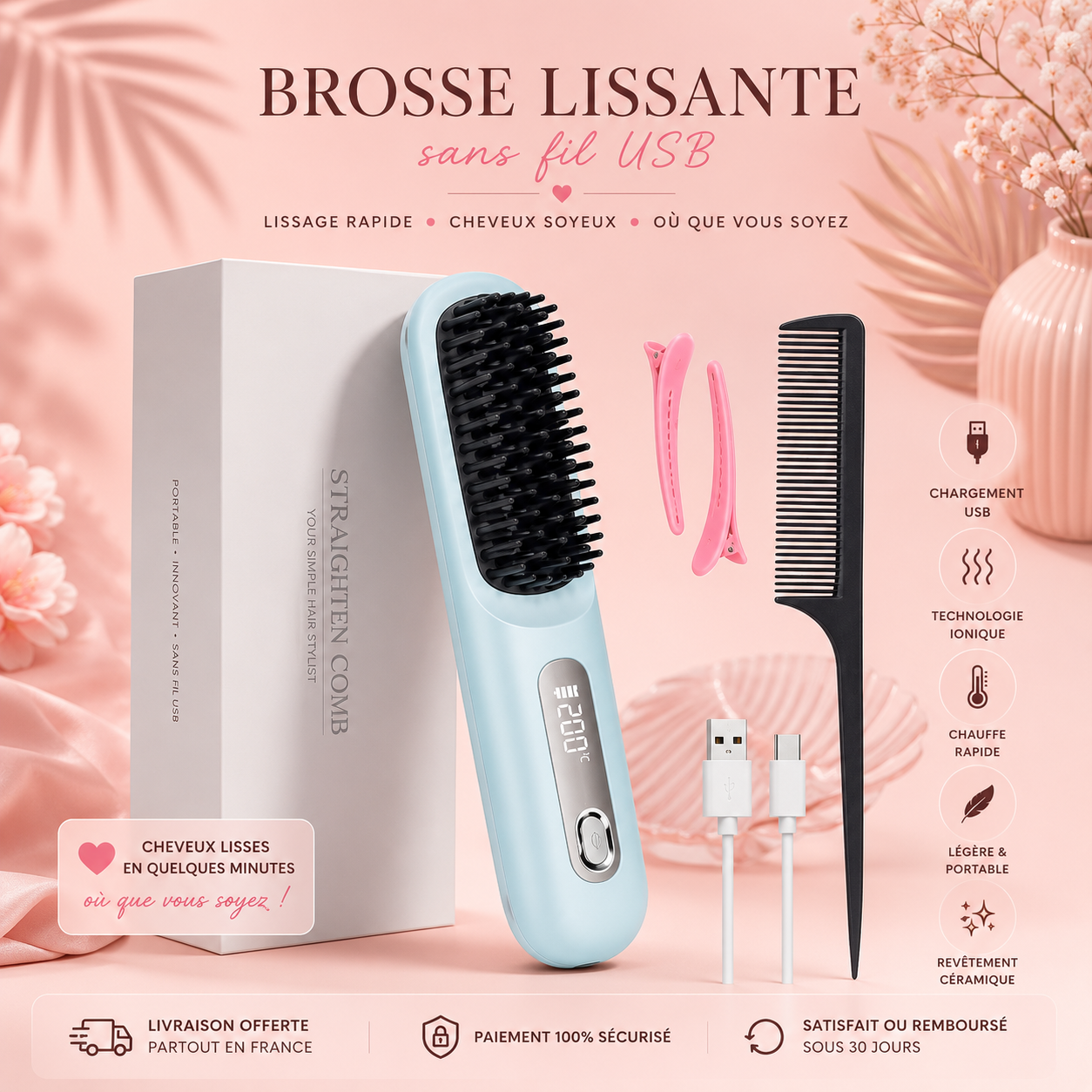 Brosse Lissante Sans Fil USB – Lissage Rapide & Cheveux Soyeux ✨