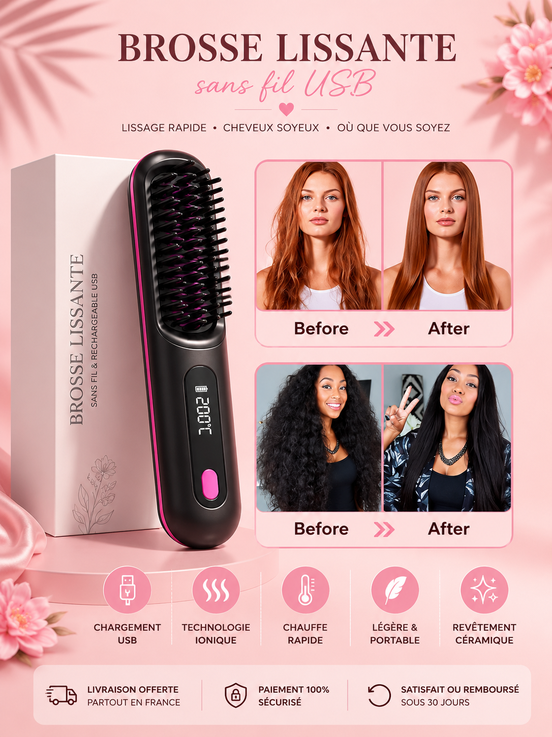 Brosse Lissante Sans Fil USB – Lissage Rapide & Cheveux Soyeux ✨