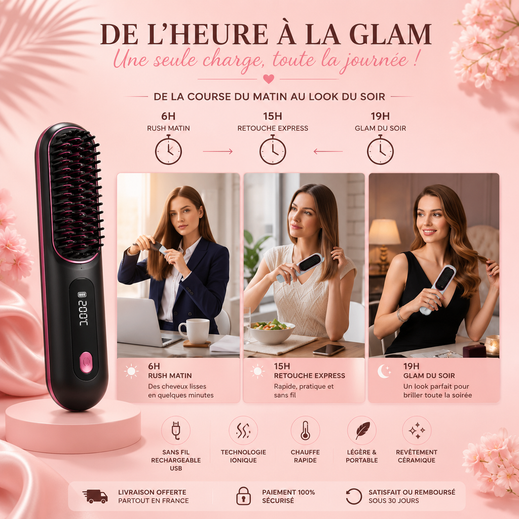 Brosse Lissante Sans Fil USB – Lissage Rapide & Cheveux Soyeux ✨