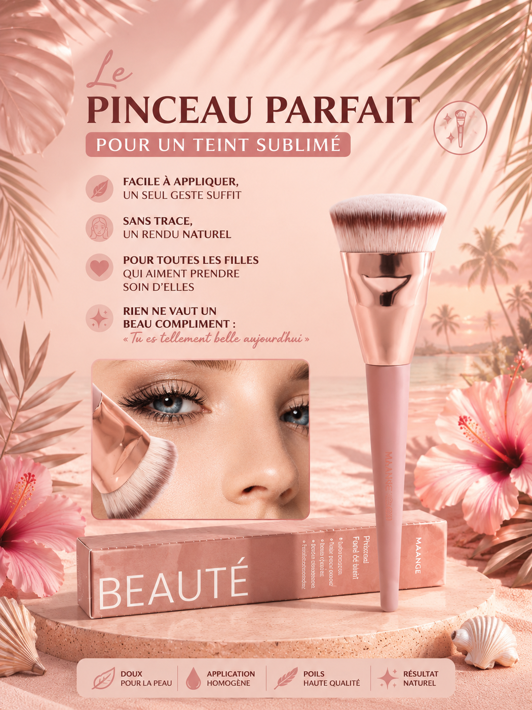 Pinceau Plat Professionnel pour Fond de Teint – Finition Lisse & Sans Traces 💖
