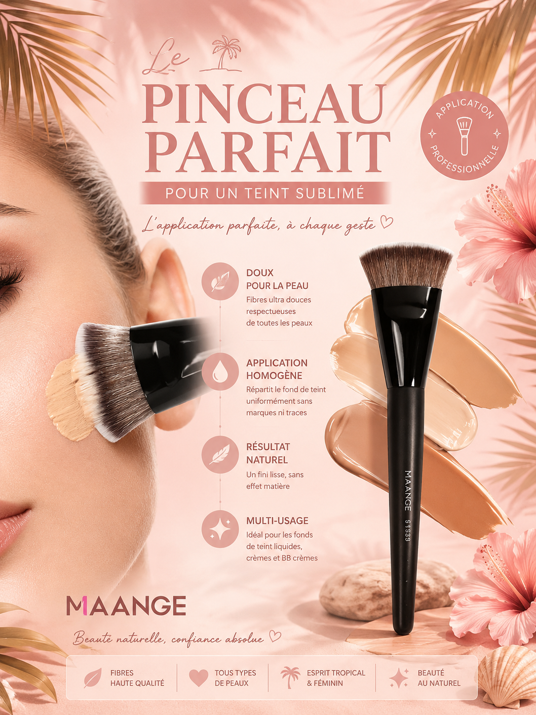 Pinceau Plat Professionnel pour Fond de Teint – Finition Lisse & Sans Traces 💖