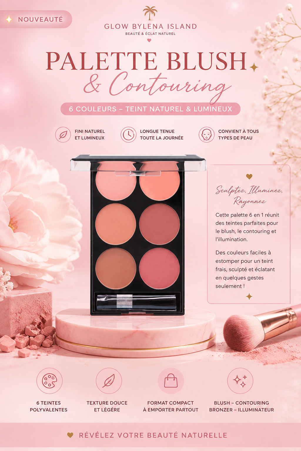 🌸 Palette Blush & Contouring 6 Couleurs – Teint Naturel & Lumineux ✨