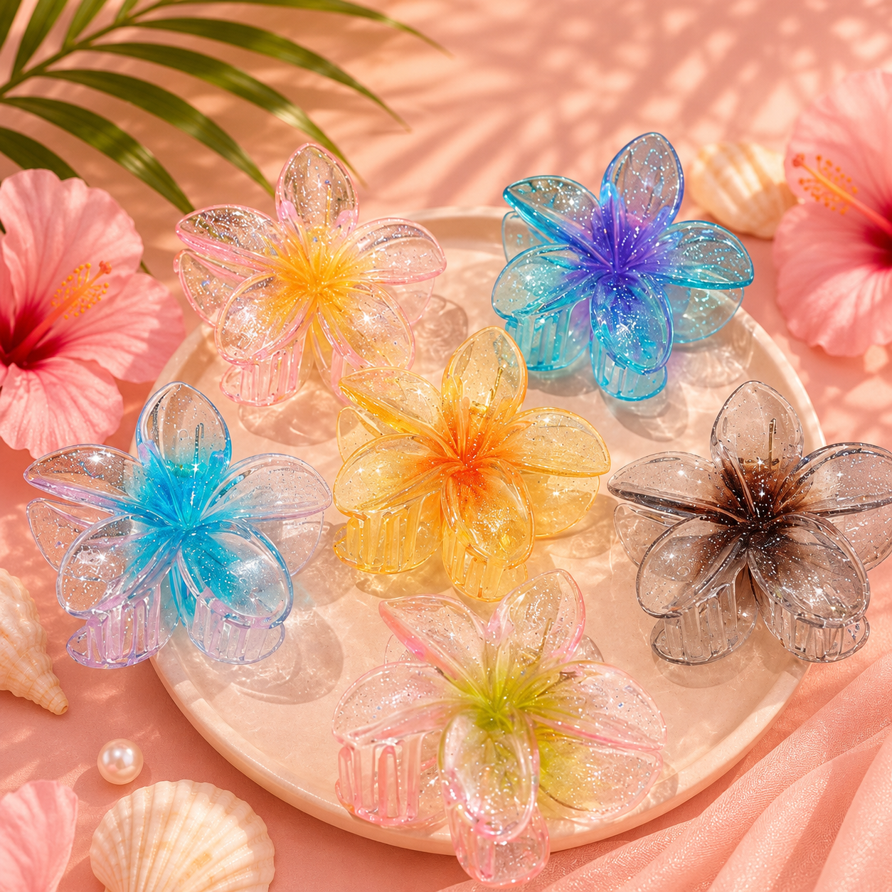🌸 Pince Fleur Cristal Pailletée ✨ | Élégance Tropicale