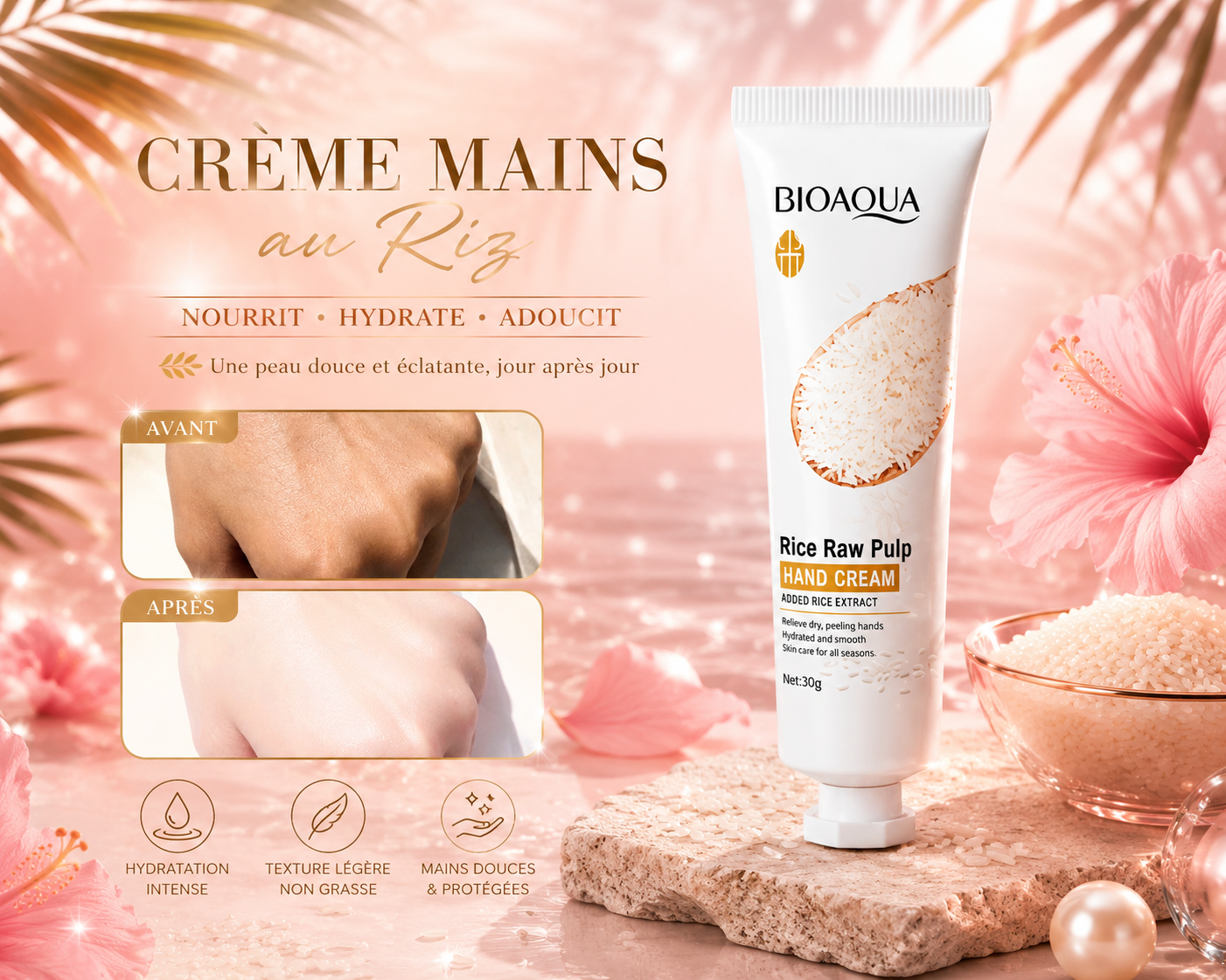✨ Crème Mains au Riz Hydratante – Nourrit, Répare & Adoucit (30 g)