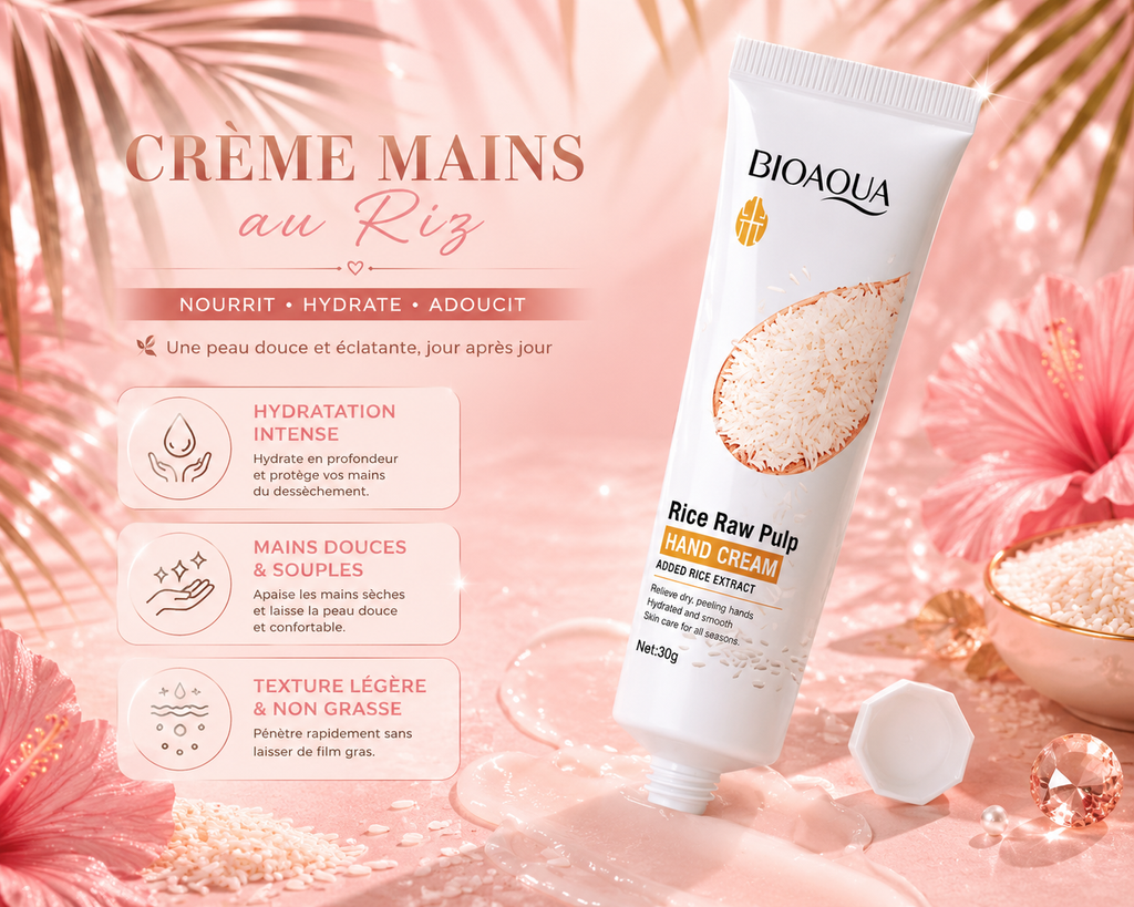 ✨ Crème Mains au Riz Hydratante – Nourrit, Répare & Adoucit (30 g)