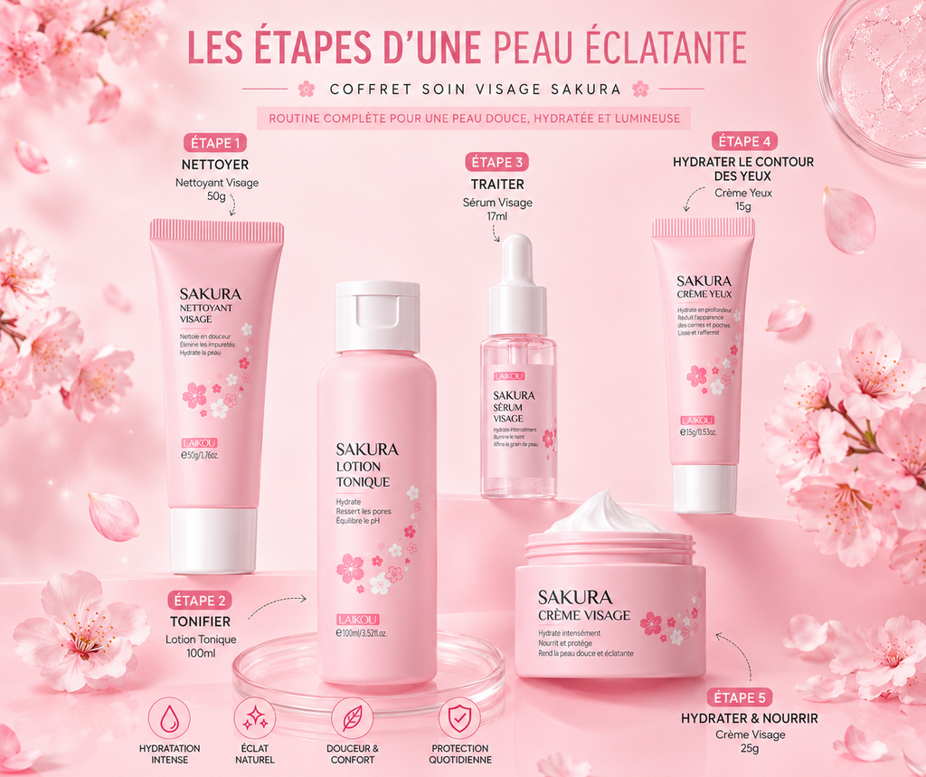 🌸 Coffret Soin Visage Sakura 5-en-1 | Routine Hydratante & Éclat de la Peau ✨