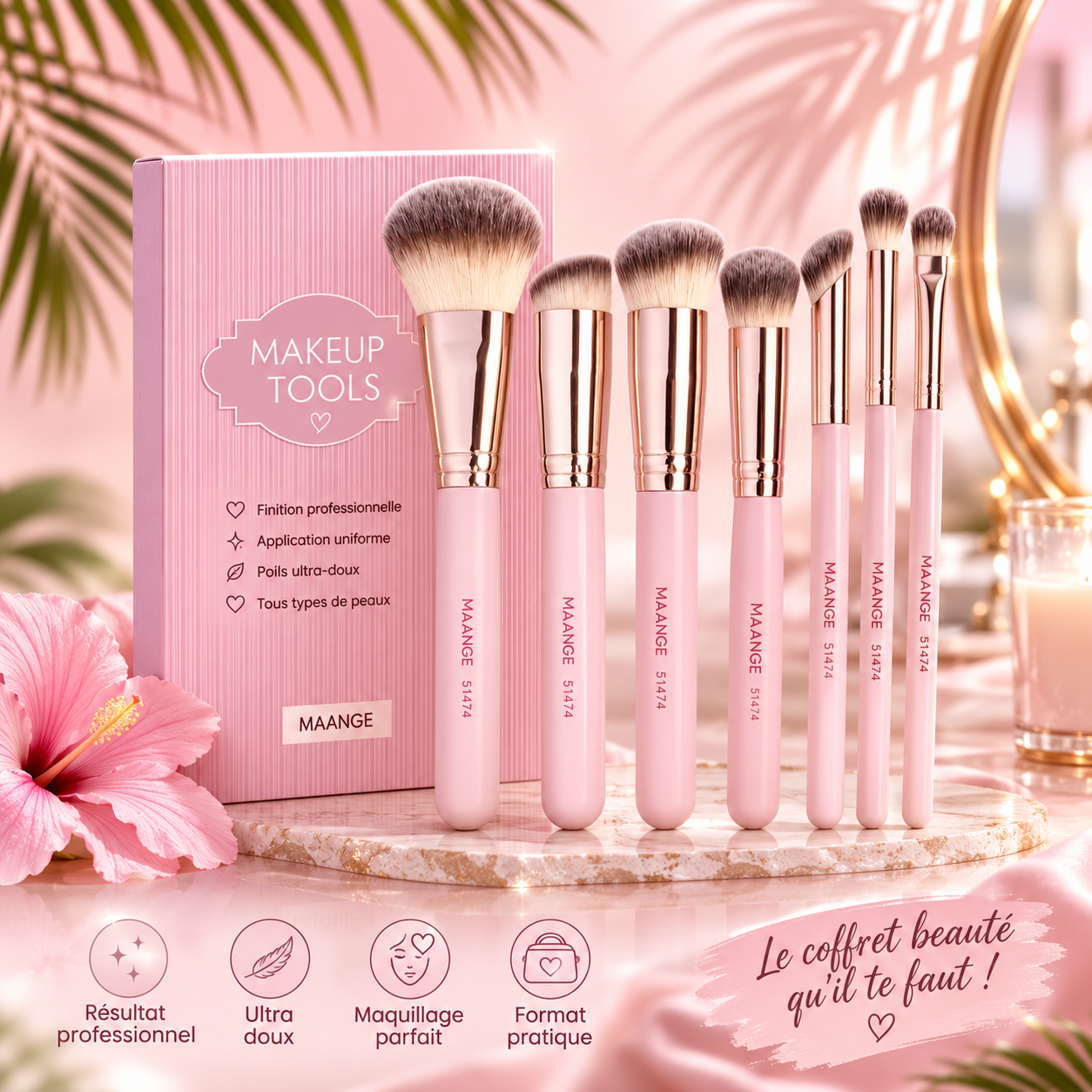 ✨ Set de 7 Pinceaux de Maquillage Professionnels – Teint & Yeux | Doux, Précis & Élégants 💕