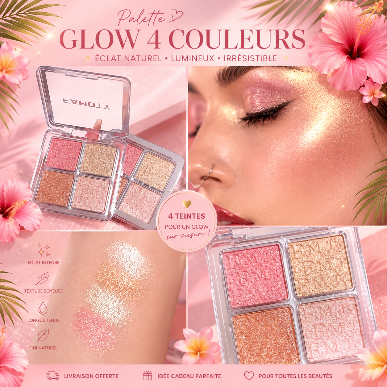 ✨🌸 Palette Highlighter 4 Couleurs – Éclat Naturel & Lumineux 💖