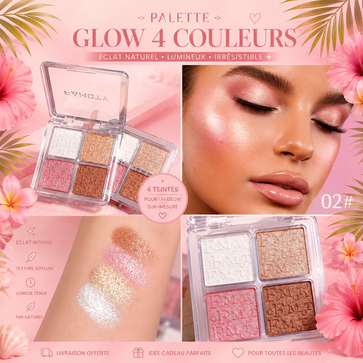 ✨🌸 Palette Highlighter 4 Couleurs – Éclat Naturel & Lumineux 💖