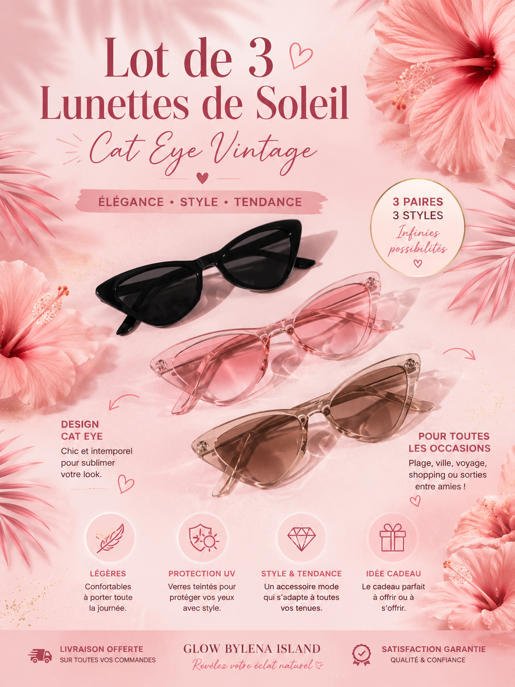 🕶️✨ Lot de 3 Paires de Lunettes de Soleil Cat Eye Vintage – Élégance & Style 💖