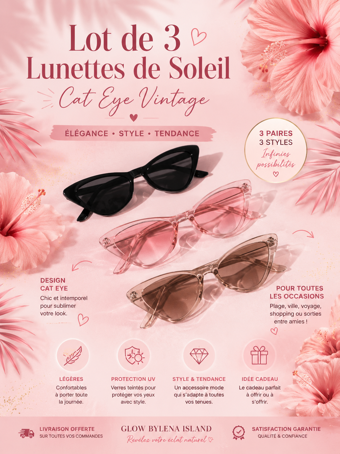 🕶️✨ Lot de 3 Paires de Lunettes de Soleil Cat Eye Vintage – Élégance & Style 💖