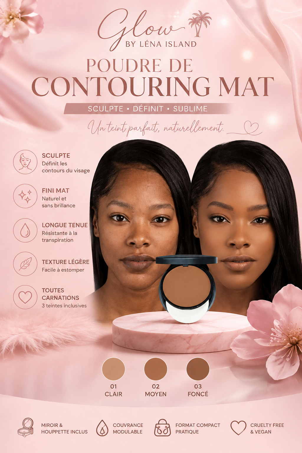 ✨ Poudre de Contouring Mat Longue Tenue – Sculpte & Illumine le Visage | Fini Naturel