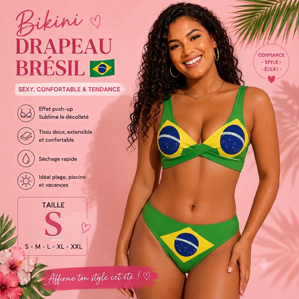 🇧🇷 Bikini Push-Up Drapeau Brésil 💚💛 Maillot de Bain Femme Sexy 2 Pièces | S à XXL