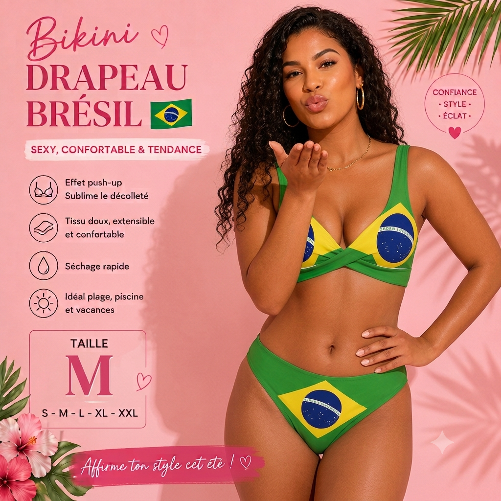🇧🇷 Bikini Push-Up Drapeau Brésil 💚💛 Maillot de Bain Femme Sexy 2 Pièces | S à XXL
