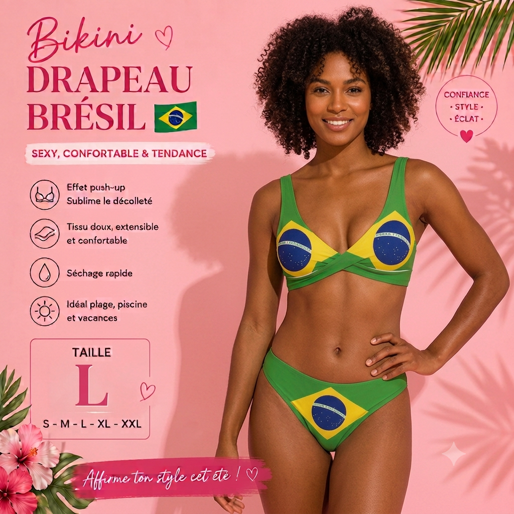 🇧🇷 Bikini Push-Up Drapeau Brésil 💚💛 Maillot de Bain Femme Sexy 2 Pièces | S à XXL