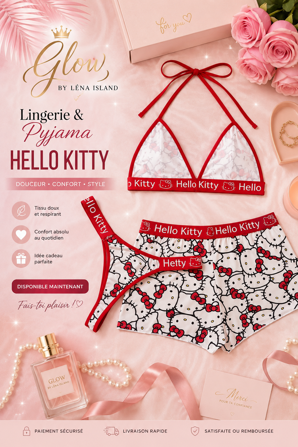 🌟Ensemble Lingerie Hello Kitty 3 Pièces – Cute & Girly 🎀💕