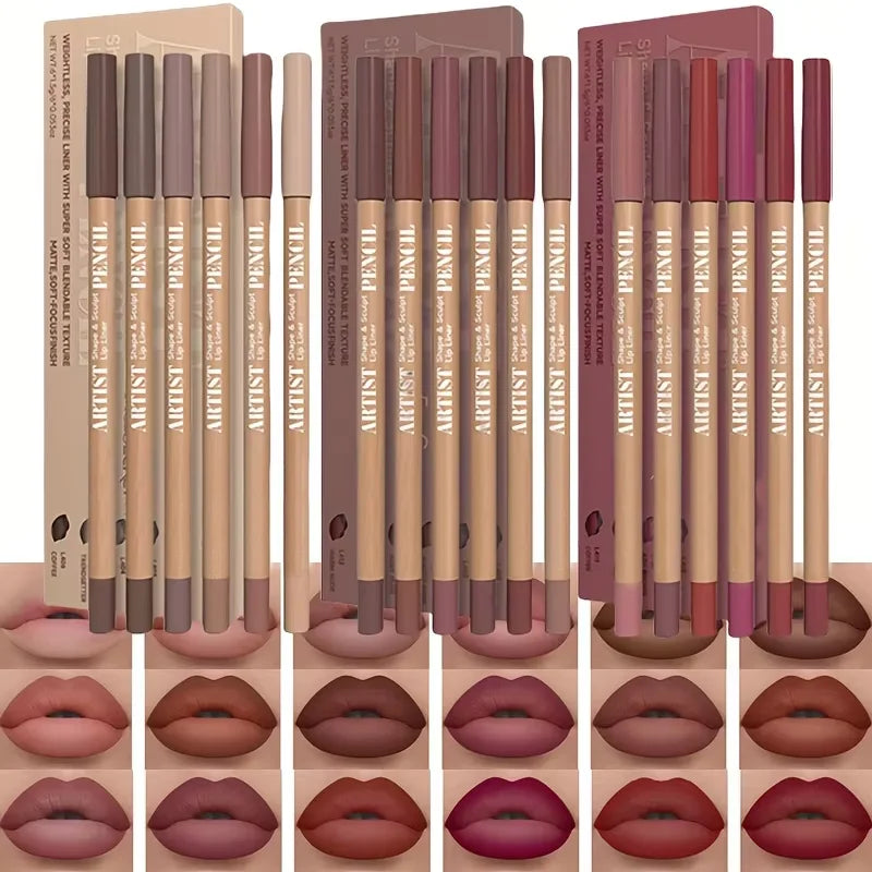 💄 Kit de 6 Crayons Contour des Lèvres Mats | Longue Tenue • Waterproof • Effet Velours