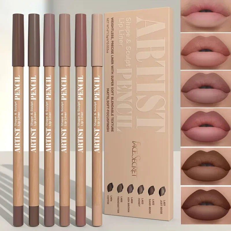 💄 Kit de 6 Crayons Contour des Lèvres Mats | Longue Tenue • Waterproof • Effet Velours